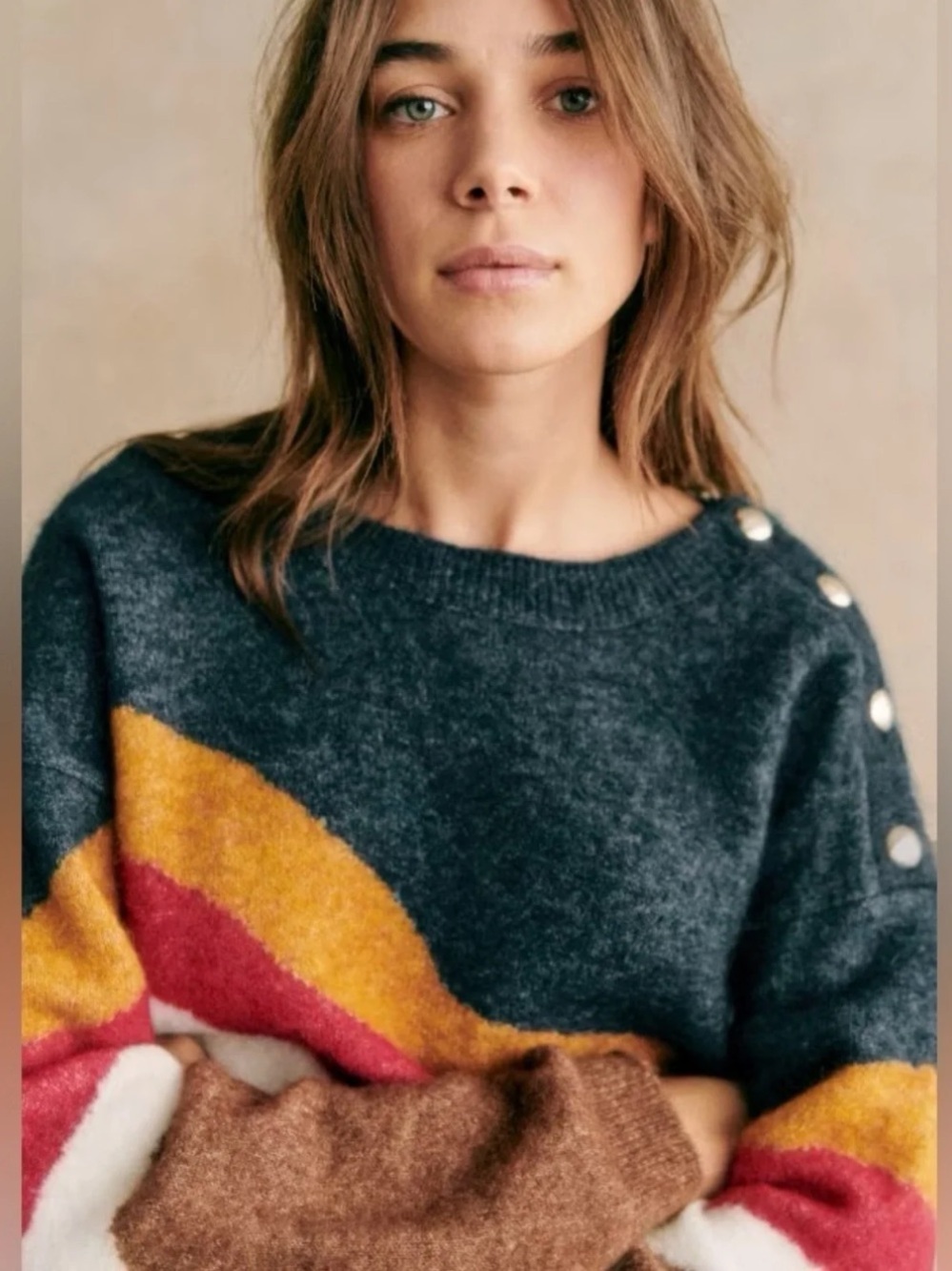 Sezane multicolor button shoulder sweater size L